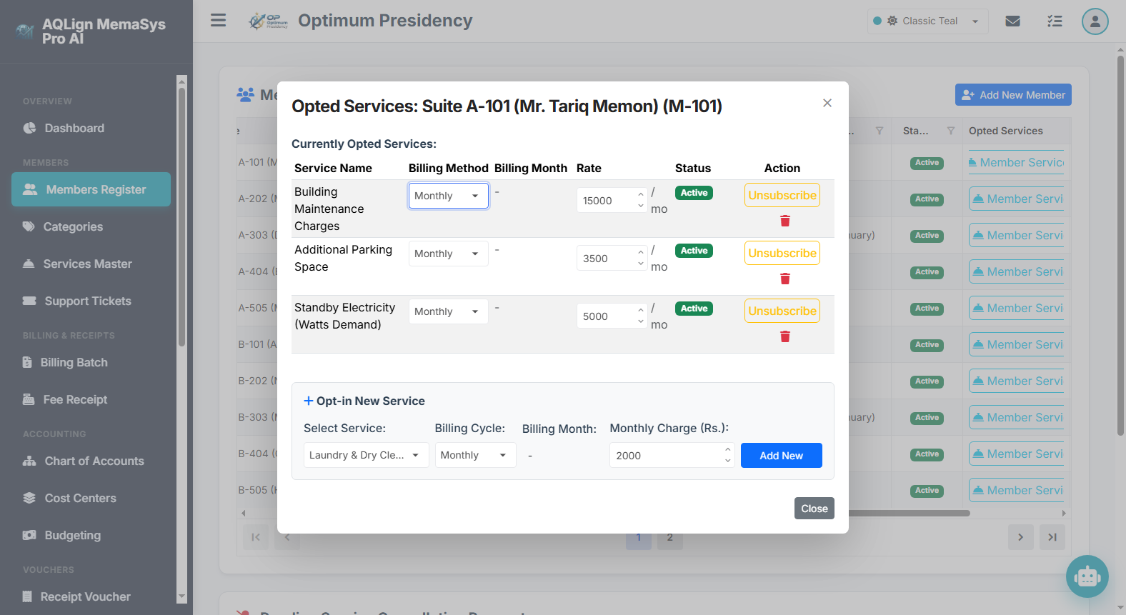 Services & Subscriptions Modal
