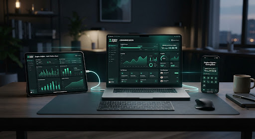 A futuristic, minimalist dashboard visualization showing multi-device compatibility on a laptop, tablet, and smartphone. The interface features sleek emerald green data charts and dark slate backgrounds, illuminated by subtle cyan light trails on a dark, professional desk setting.